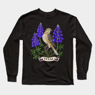 Texas state mockingbird and bluebonnet flower Long Sleeve T-Shirt